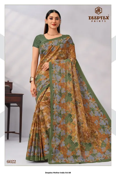 Deeptex Mother India Vol 60, mustard yellow and green floral printed saree.