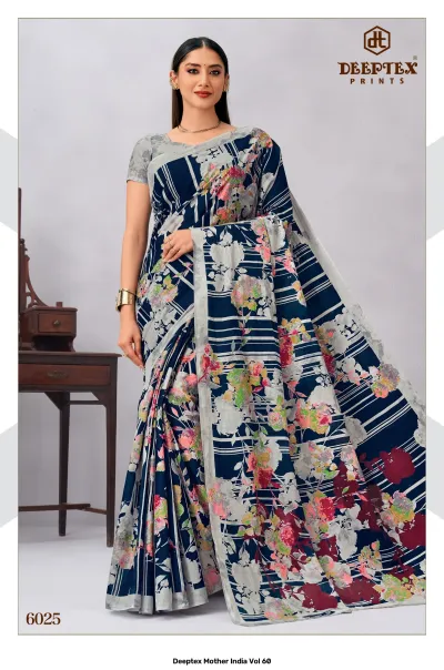 Deeptex Mother India Vol 60, dark blue striped floral printed saree with a wide border.