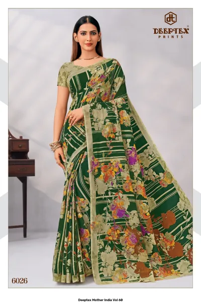 Deeptex Mother India Vol 60, dark green striped floral printed saree with a border.