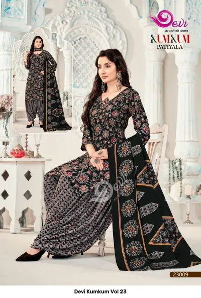 Devi Kumkum Vol 23: Black kurti with multi-colored floral print, matching striped salwar, and black printed dupatta.