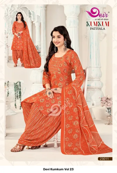 Devi Kumkum Vol 23: Orange kurti with floral print, matching striped patiyala salwar, and printed dupatta.