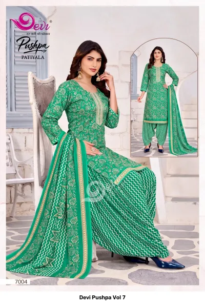 Devi Pushpa Vol 7, Design 7004: Green salwar suit with floral kurti, chevron-patterned salwar, and matching dupatta.