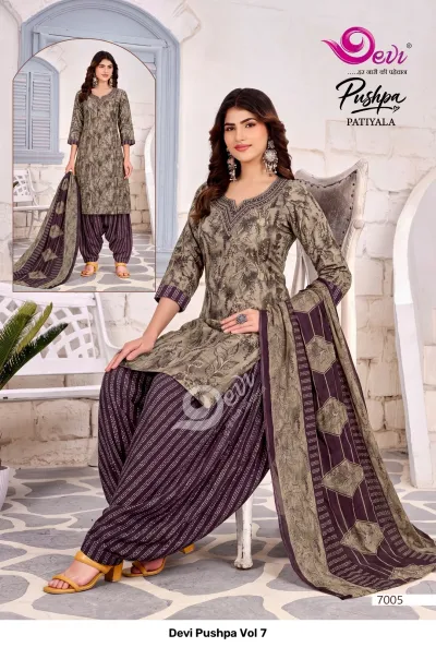 Devi Pushpa Vol 7, Design 7005: Grey and purple salwar suit with floral kurti and striped salwar.