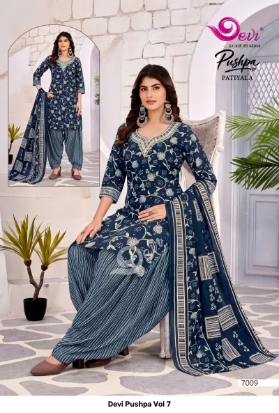 Devi Pushpa Vol 7, Design 7009: Dark blue salwar suit with floral kurti, striped salwar, and printed dupatta.