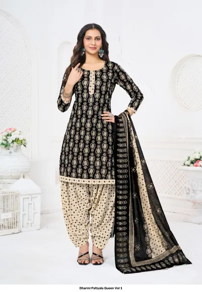 Dharmi Patiyala Queen Vol 1, black salwar suit with gold print and cream patterned salwar, matching black and gold dupatta.