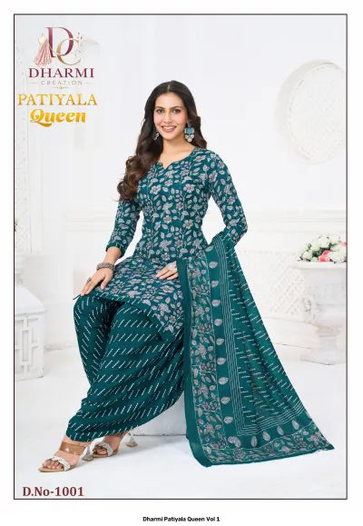 Dharmi Patiyala Queen Vol 1, teal salwar suit with white floral print, paired with a matching printed dupatta.