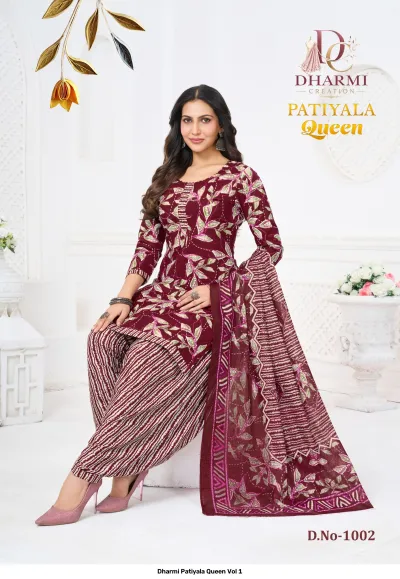 Dharmi Patiyala Queen Vol 1, maroon salwar suit with light leaf print and striped salwar, matching printed dupatta.