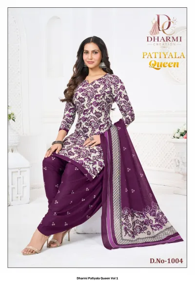 Dharmi Patiyala Queen Vol 1, purple salwar suit with white floral print and solid purple salwar, matching printed dupatta.
