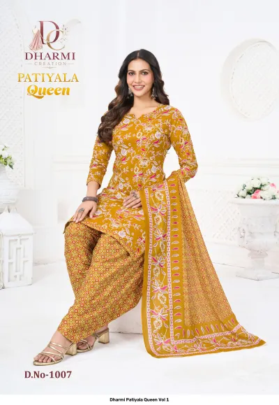 Dharmi Patiyala Queen Vol 1, mustard yellow salwar suit with white and pink floral print and matching patterned salwar and dupatta.