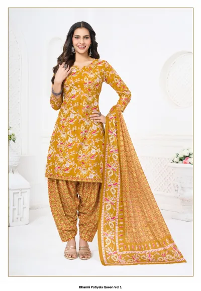 Dharmi Patiyala Queen Vol 1, mustard yellow salwar suit with white and pink floral print and matching patterned salwar and dupatta.