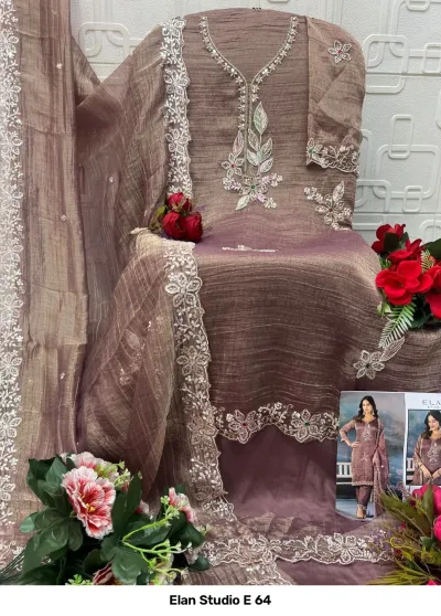 Elan Studio E 64: Mauve-brown salwar suit, silk fabric, featuring heavy bead embroidery, stone embellishments, and a matching dupatta with embroidered borders.