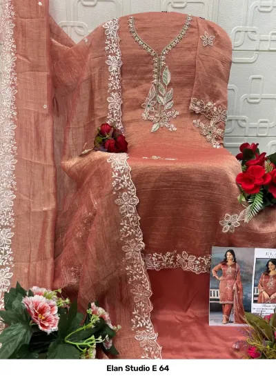Elan Studio E 64: Peach-tan salwar suit, silk fabric, featuring heavy bead embroidery, stone embellishments, and a matching dupatta with embroidered borders.