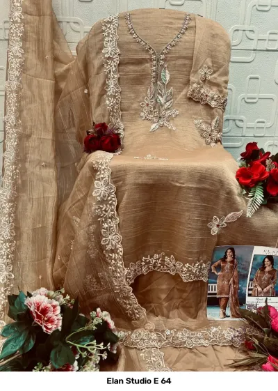 Elan Studio E 64: Light bronze-gold salwar suit, silk fabric, featuring heavy bead embroidery, stone embellishments, and a matching dupatta with embroidered borders.