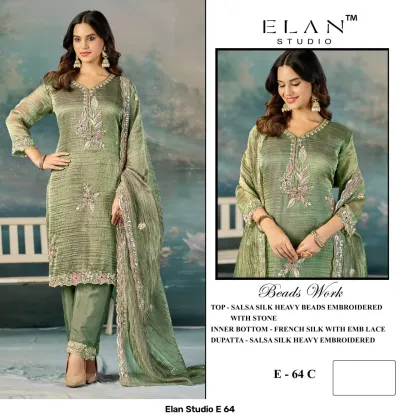Elan Studio E 64: Model wearing a sage green salwar suit, silk fabric, with bead and stone embroidery on the kurti, pants, and dupatta.