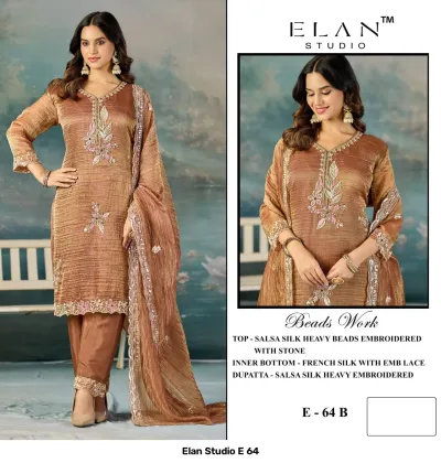 Elan Studio E 64: Model wearing a peach-tan salwar suit, silk fabric, with bead and stone embroidery on the kurti, pants, and dupatta.