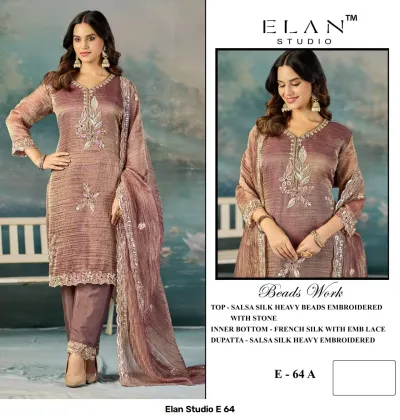 Elan Studio E 64: Model wearing a mauve-brown salwar suit, silk fabric, with bead and stone embroidery on the kurti, pants, and dupatta.