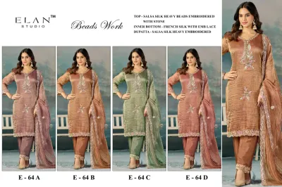 Elan Studio E 64: Catalog collage showcasing five different color variations of embroidered silk salwar suits with bead and stone work.