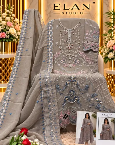 Elan Studio E 69: Gray chiffon salwar suit featuring heavy thread work, embellishments, cutwork hem, and a matching embroidered dupatta.