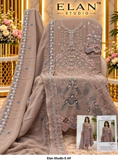 Elan Studio E 69: Taupe chiffon salwar suit with intricate thread work, handwork, cutwork details, and a heavily embroidered matching dupatta.