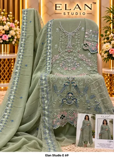 Elan Studio E 69: Sage green chiffon salwar suit with heavy thread embroidery, embellishments, cutwork hem, and an embroidered dupatta.