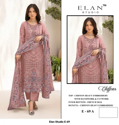 Elan Studio E 69 E-69 A: Dusty rose chiffon salwar suit featuring heavy thread work, cutwork, and matching embroidered dupatta.
