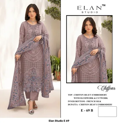 Elan Studio E 69 E-69 B: Mauve chiffon salwar suit featuring heavy thread work, cutwork, and matching embroidered dupatta.