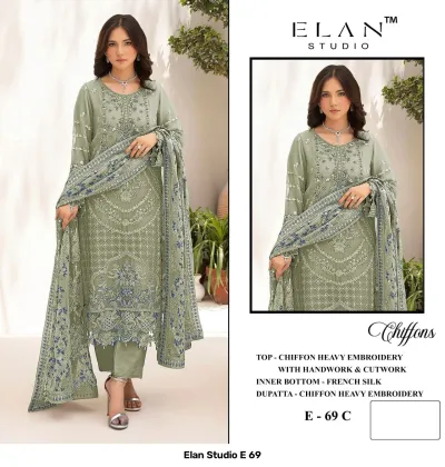 Elan Studio E 69 E-69 C: Sage green chiffon salwar suit featuring heavy thread work, cutwork, and matching embroidered dupatta.