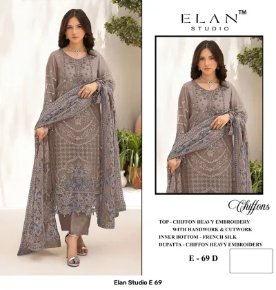 Elan Studio E 69 E-69 D: Taupe chiffon salwar suit featuring heavy thread work, cutwork, and matching embroidered dupatta.