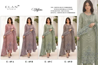 Elan Studio E 69: Catalog collage displaying various colorways of chiffon salwar suits with heavy thread work and cutwork detailing.