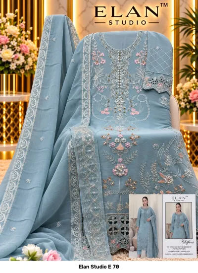 Elan Studio E 70 dusty blue chiffon salwar suit featuring floral thread work, bead embellishments, and an embroidered dupatta.