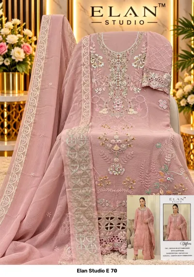 Elan Studio E 70 light pink chiffon salwar suit adorned with floral thread work, bead embellishments, and a matching embroidered dupatta.
