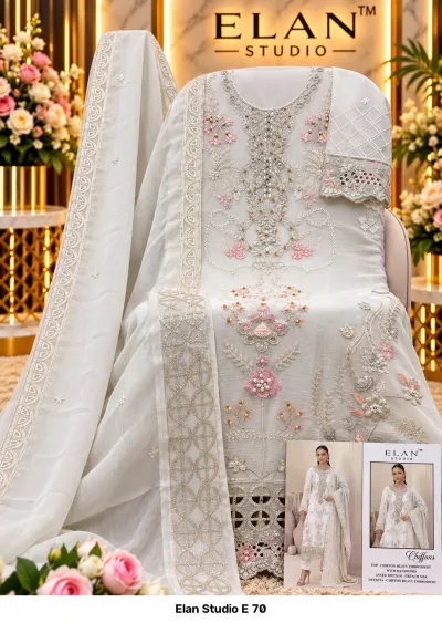 Elan Studio E 70 white chiffon salwar suit decorated with floral thread work, bead embellishments, and a matching embroidered dupatta.