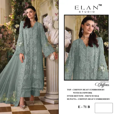 Elan Studio Maria B Chiffons E 71 B: Grey chiffon salwar suit with heavy thread work embroidery, handwork detailing, and matching embroidered dupatta.