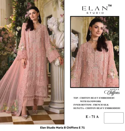 Elan Studio Maria B Chiffons E 71 A: Peach-colored chiffon salwar suit with intricate heavy embroidery, floral accents, and hand-embellished details.