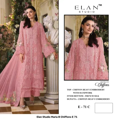 Elan Studio Maria B Chiffons E 71 C: Pink chiffon salwar suit featuring heavy thread work embroidery, delicate handwork, and a coordinated embroidered dupatta.