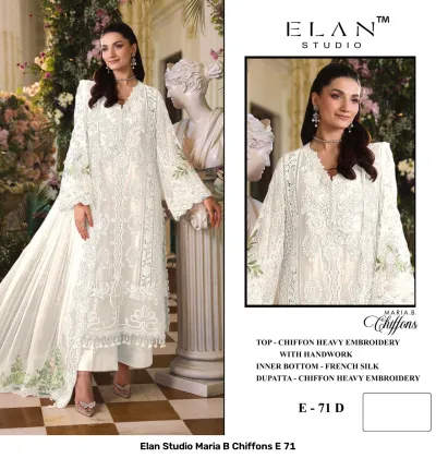 Elan Studio Maria B Chiffons E 71 D: White chiffon salwar suit with detailed heavy embroidery, floral patterns, handwork embellishments, and matching dupatta.