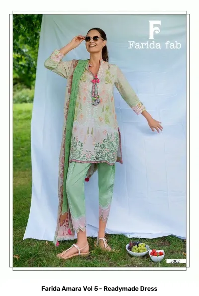 Farida Amara Vol 5 - Readymade Dress: Model in a light green printed kurti and matching trousers with a coordinating printed cotton dupatta.