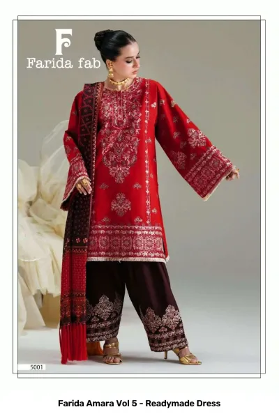 Farida Amara Vol 5 - Readymade Dress: Model in a red kurti with intricate thread embroidery and a dark brown salwar with matching dupatta.