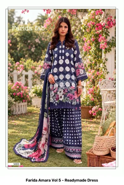 Farida Amara Vol 5 - Readymade Dress: Model wearing a navy blue printed kurti with floral accents and a matching patterned salwar and dupatta.