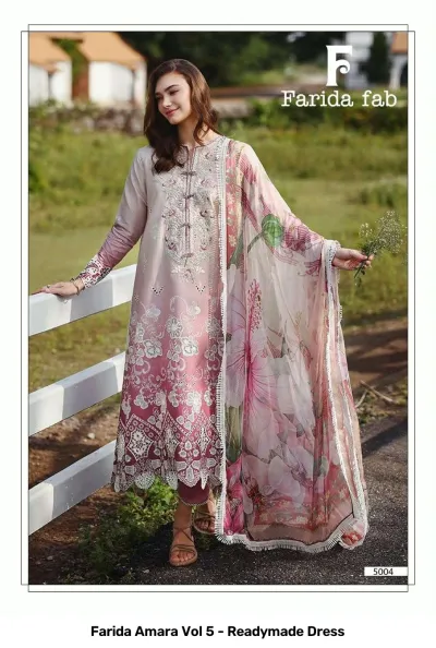 Farida Amara Vol 5 - Readymade Dress: Model wearing a light pink ombre kurti with white thread embroidery and a large floral print dupatta.