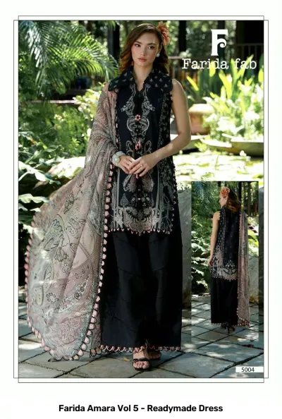 Farida Amara Vol 5 - Readymade Dress: Model wearing a black sleeveless kurti with decorative thread work, plain black trousers, and a printed dupatta.