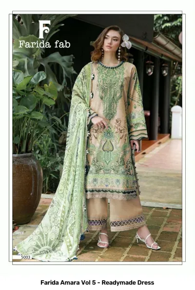 Farida Amara Vol 5 - Readymade Dress: Model wearing a beige and green printed kurti with detailed thread embroidery and a matching printed dupatta.
