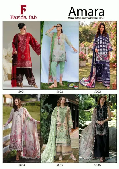 Farida Amara Vol 5 - Readymade Dress: Catalog cover collage displaying various designs from the Vol 5 collection of readymade cotton dresses.
