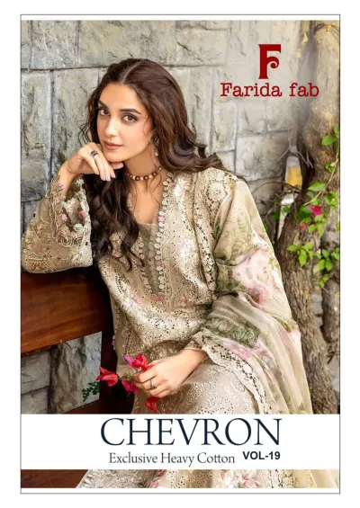Farida Fab Chevron Vol 19 - Readymade Dress: A model wearing a beige cotton salwar suit with intricate floral embroidery and a printed dupatta.