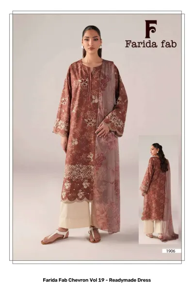 Farida Fab Chevron Vol 19 - Readymade Dress: A brown printed cotton kurti with embroidery on sleeves and hem, paired with off-white palazzo pants.