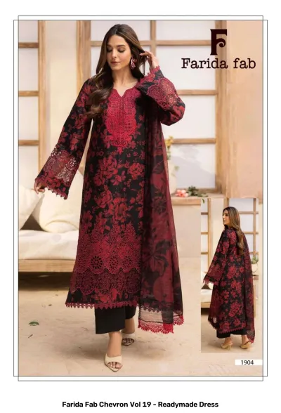 Farida Fab Chevron Vol 19 - Readymade Dress: A black and red floral printed cotton kurti with heavy thread work and a matching dupatta.