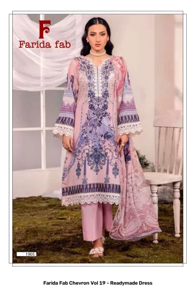 Farida Fab Chevron Vol 19 - Readymade Dress: A light pink printed cotton salwar suit with detailed thread embroidery on the neckline and dupatta.