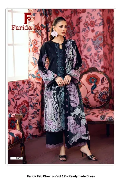 Farida Fab Chevron Vol 19 - Readymade Dress: A black cotton kurti with purple floral prints and intricate thread work, styled with a dupatta.