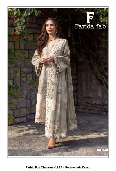 Farida Fab Chevron Vol 19 - Readymade Dress: A beige cotton kurti featuring heavy lace embellishments and floral print patterns on the fabric.