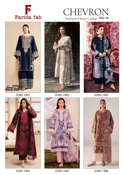 Farida Fab Chevron Vol 19 - Readymade Dress: A catalog collage displaying six different readymade cotton salwar suit designs with varying prints and embroidery.